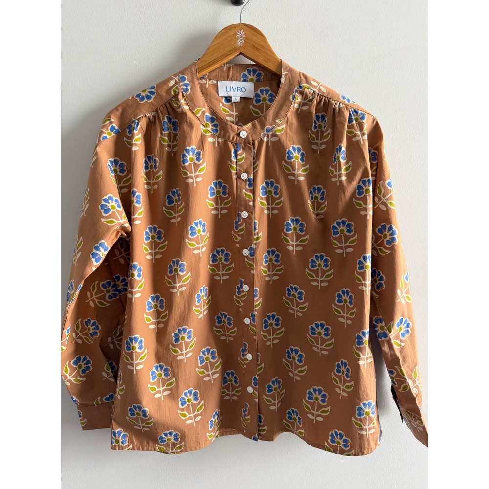 Livro Brown Floral Block Print Button Down Shirt Cotton Band Collar and Skirt - Picture 3 of 15